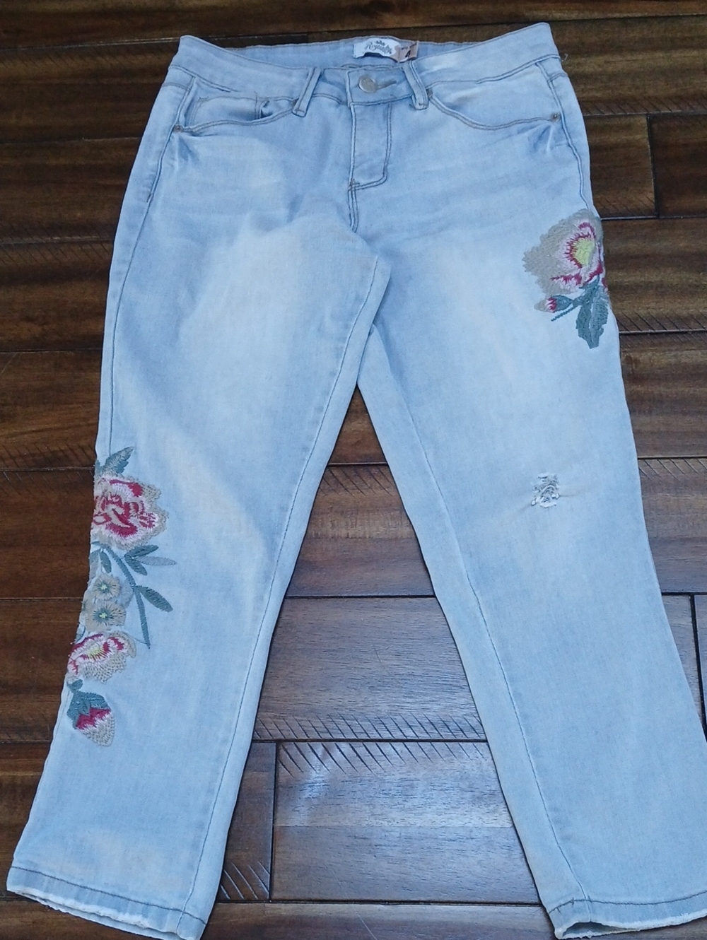 Royalty For Me Pale Blue Cropped Jeans with Embroidered Floral Accents